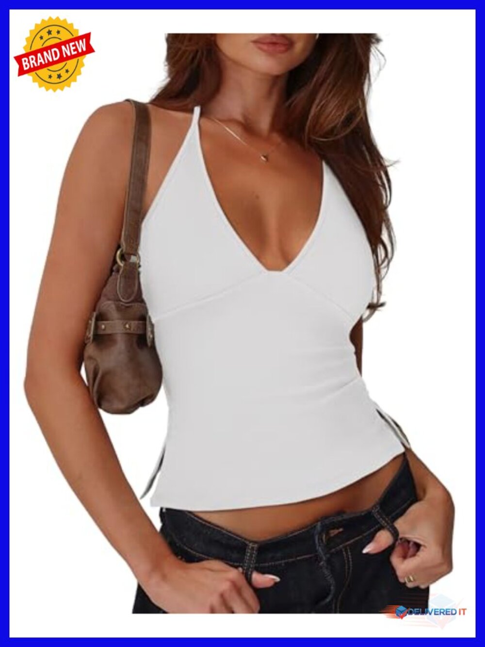 Womens Adjustable Halter Double Lined Tank Top Backless Sexy Y2K Slim Fit Side
